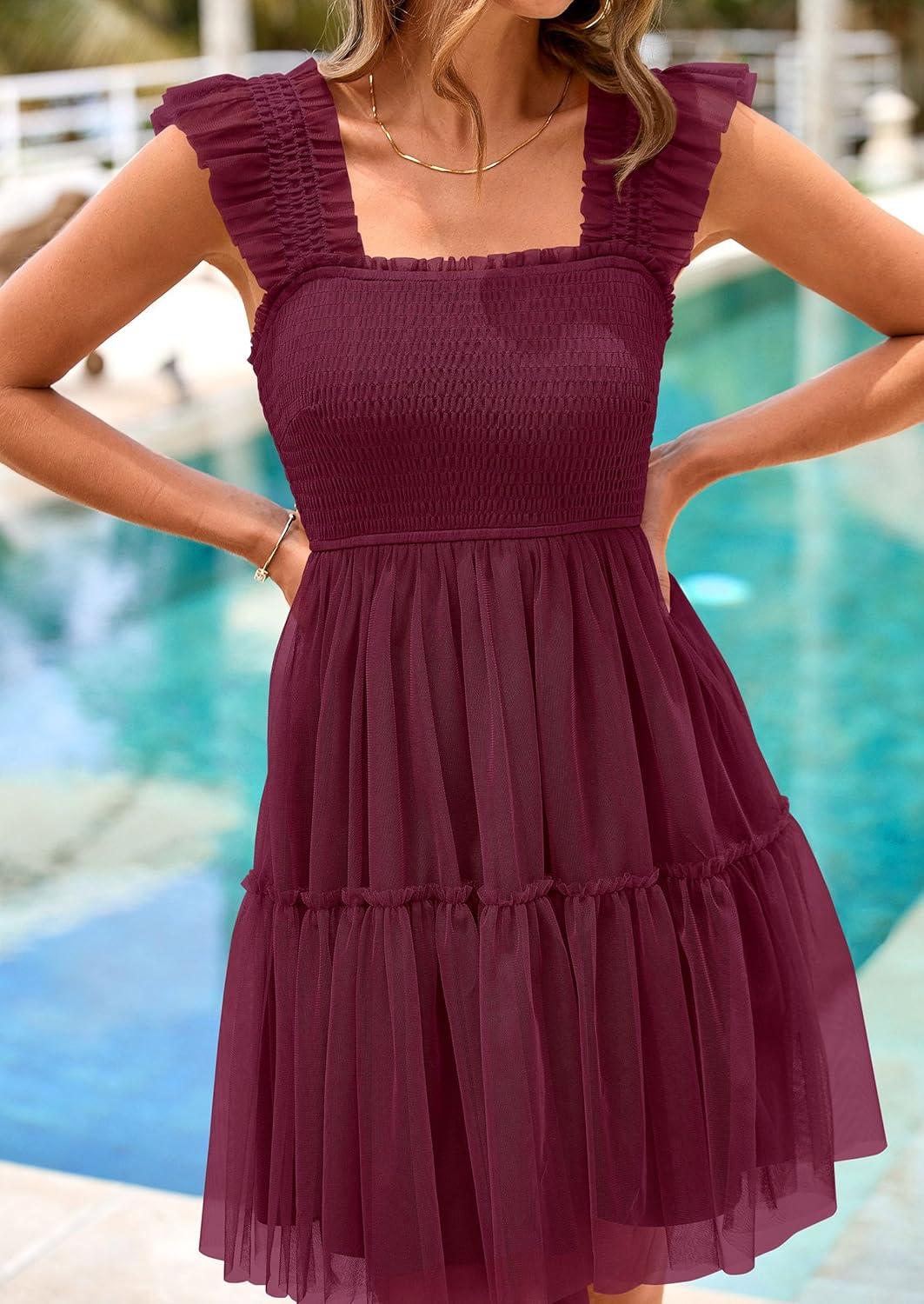 imagePRETTYGARDEN Womens 2025 Trendy Mini Summer Dresses Sleeveless Tulle Ruffle Square Neck Tiered Smocked Beach Vacation DressWine Red