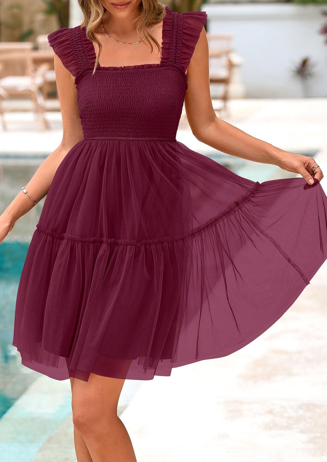imagePRETTYGARDEN Womens 2025 Trendy Mini Summer Dresses Sleeveless Tulle Ruffle Square Neck Tiered Smocked Beach Vacation DressWine Red