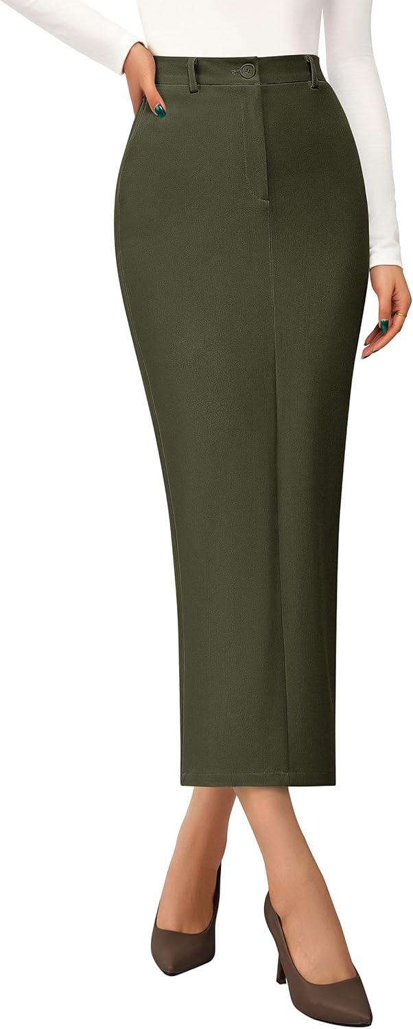 imagePRETTYGARDEN Womens 2026 Fall Maxi Pencil Skirt High Waisted Slit Work Office Trendy Long Skirts Business Casual OutfitsArmy Green