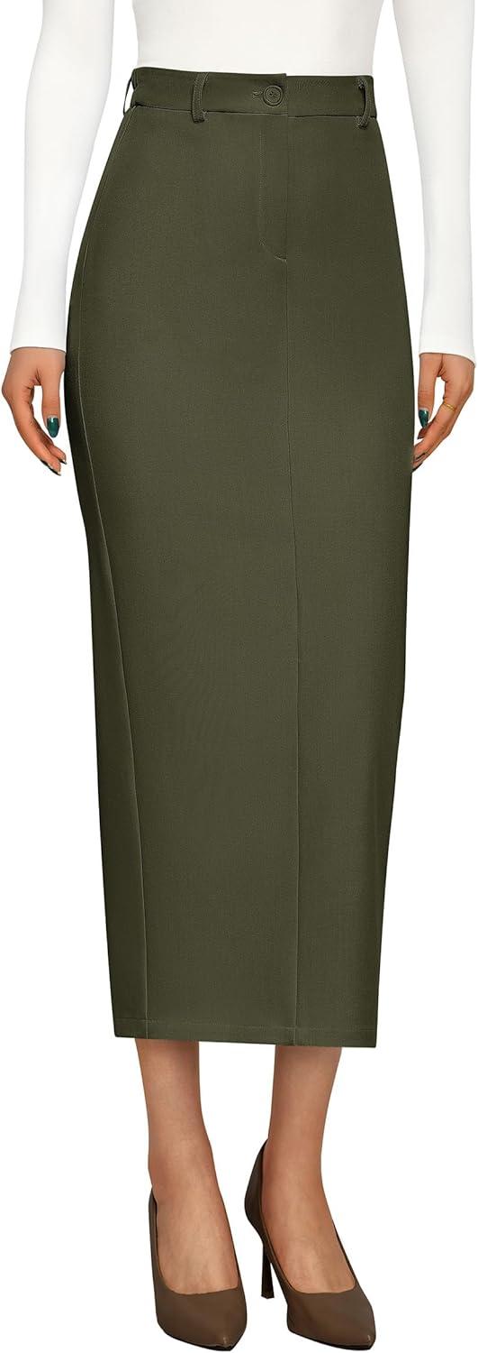 imagePRETTYGARDEN Womens 2026 Fall Maxi Pencil Skirt High Waisted Slit Work Office Trendy Long Skirts Business Casual OutfitsArmy Green