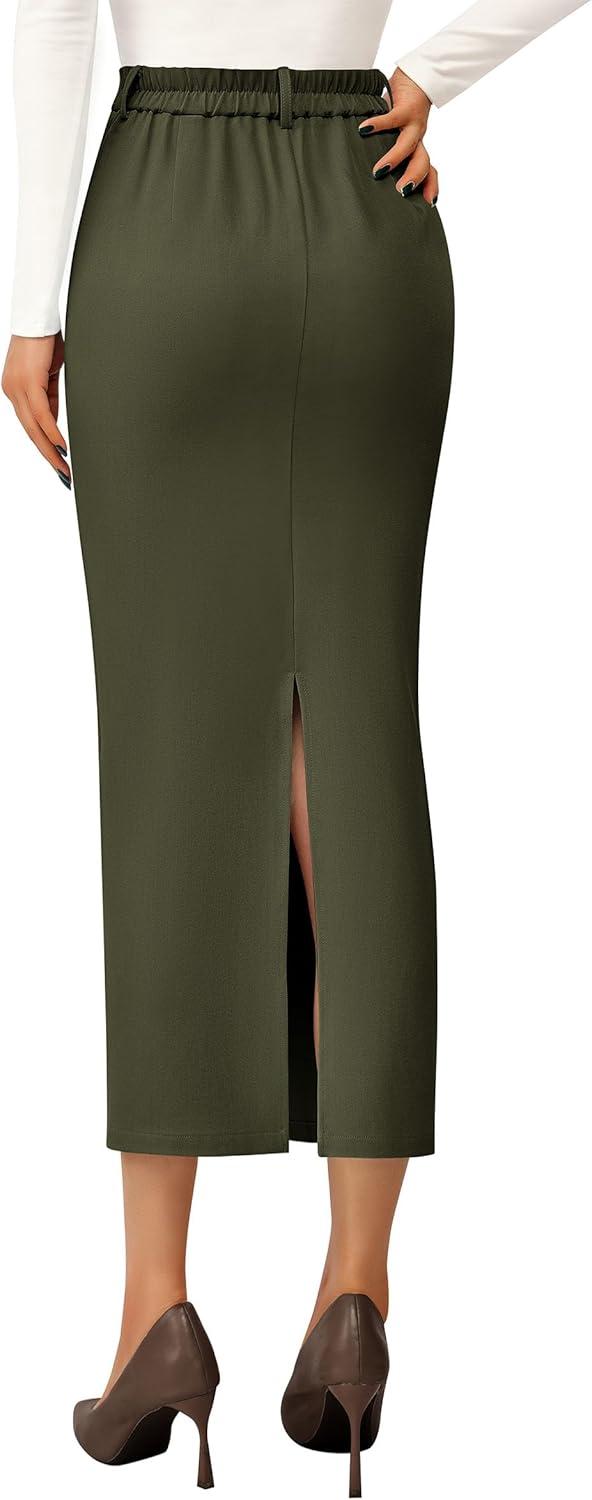 imagePRETTYGARDEN Womens 2026 Fall Maxi Pencil Skirt High Waisted Slit Work Office Trendy Long Skirts Business Casual OutfitsArmy Green