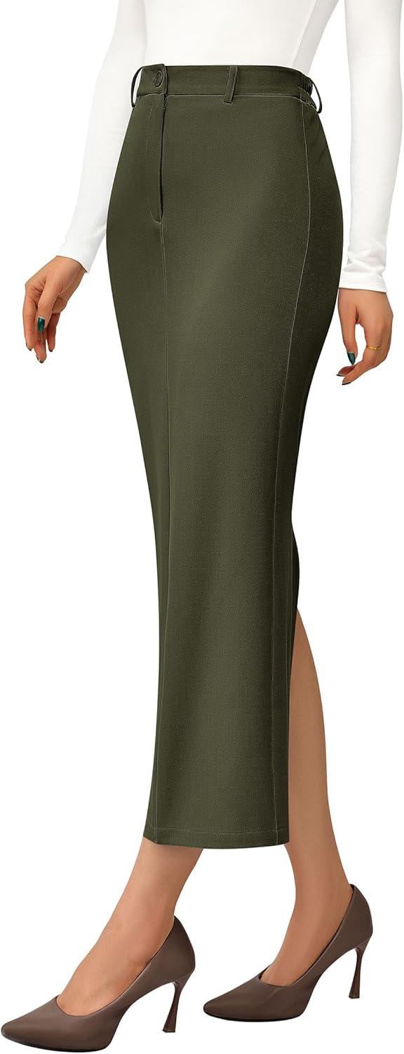 imagePRETTYGARDEN Womens 2026 Fall Maxi Pencil Skirt High Waisted Slit Work Office Trendy Long Skirts Business Casual OutfitsArmy Green