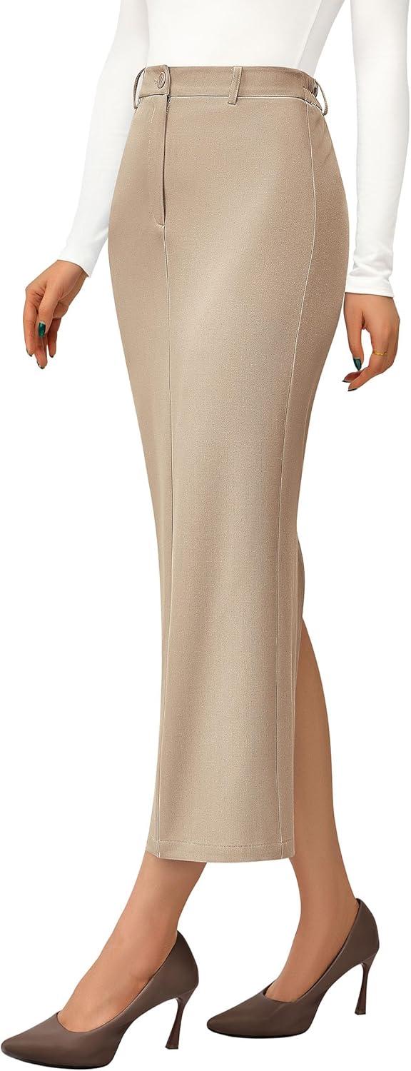 imagePRETTYGARDEN Womens 2026 Fall Maxi Pencil Skirt High Waisted Slit Work Office Trendy Long Skirts Business Casual OutfitsBeige