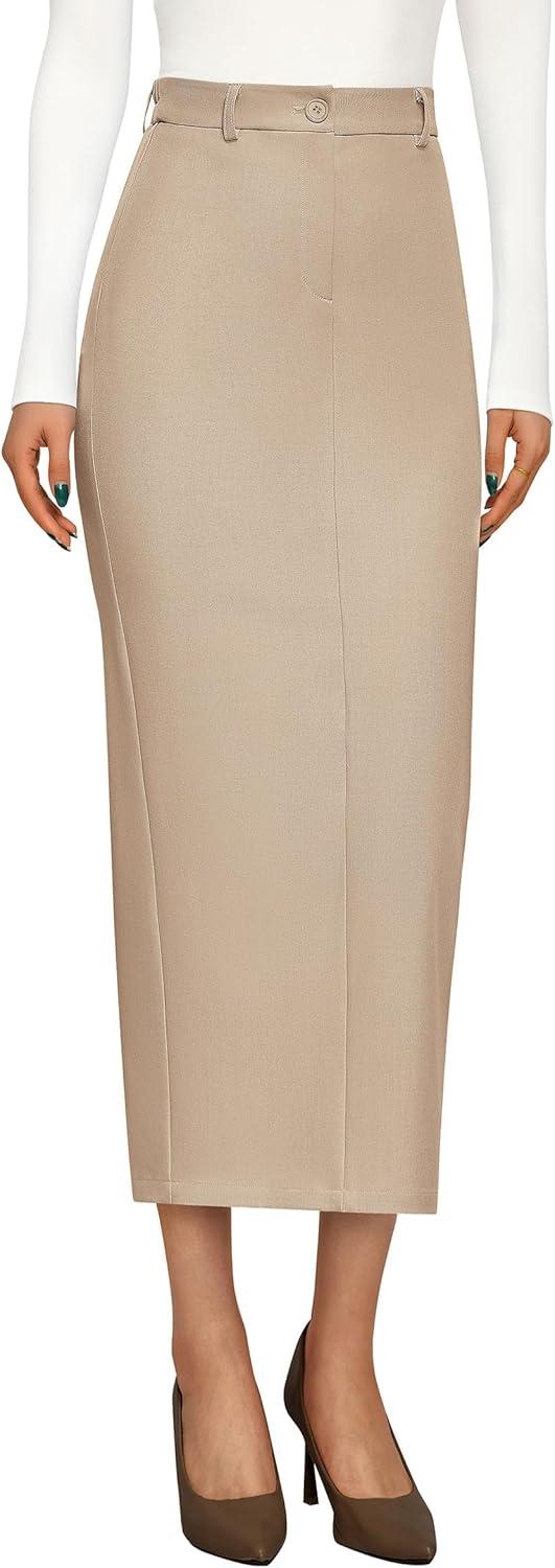 imagePRETTYGARDEN Womens 2026 Fall Maxi Pencil Skirt High Waisted Slit Work Office Trendy Long Skirts Business Casual OutfitsBeige
