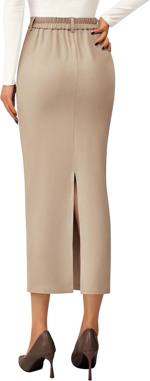 imagePRETTYGARDEN Womens 2026 Fall Maxi Pencil Skirt High Waisted Slit Work Office Trendy Long Skirts Business Casual OutfitsBeige