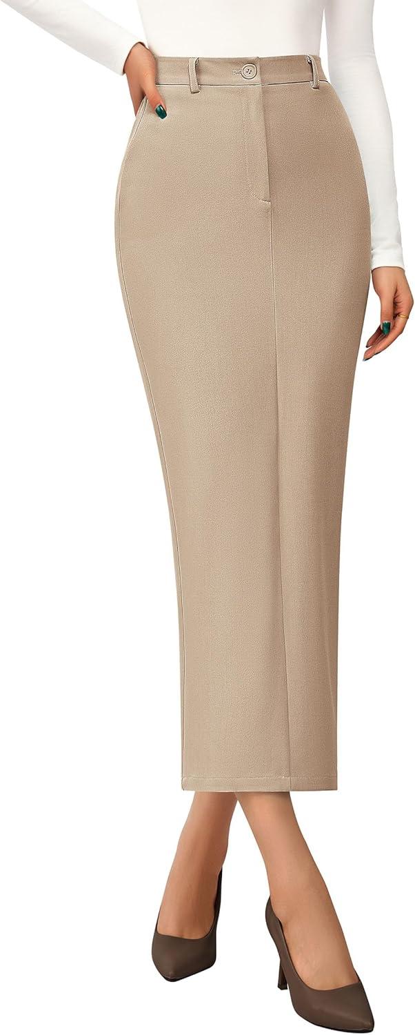 imagePRETTYGARDEN Womens 2026 Fall Maxi Pencil Skirt High Waisted Slit Work Office Trendy Long Skirts Business Casual OutfitsBeige