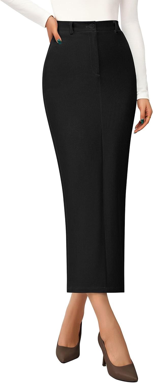 imagePRETTYGARDEN Womens 2026 Fall Maxi Pencil Skirt High Waisted Slit Work Office Trendy Long Skirts Business Casual OutfitsBlack
