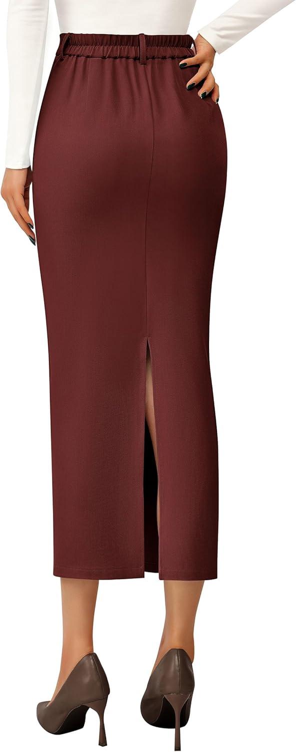 imagePRETTYGARDEN Womens 2026 Fall Maxi Pencil Skirt High Waisted Slit Work Office Trendy Long Skirts Business Casual OutfitsBrick Red