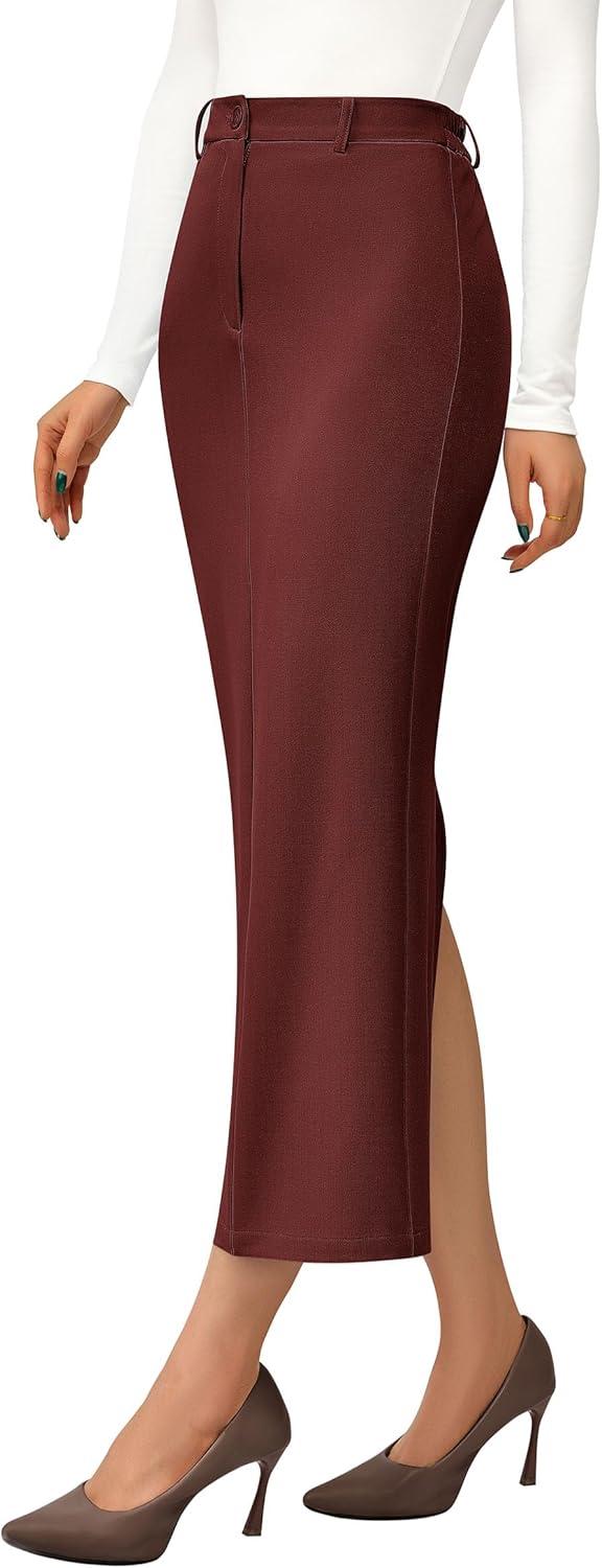 imagePRETTYGARDEN Womens 2026 Fall Maxi Pencil Skirt High Waisted Slit Work Office Trendy Long Skirts Business Casual OutfitsBrick Red