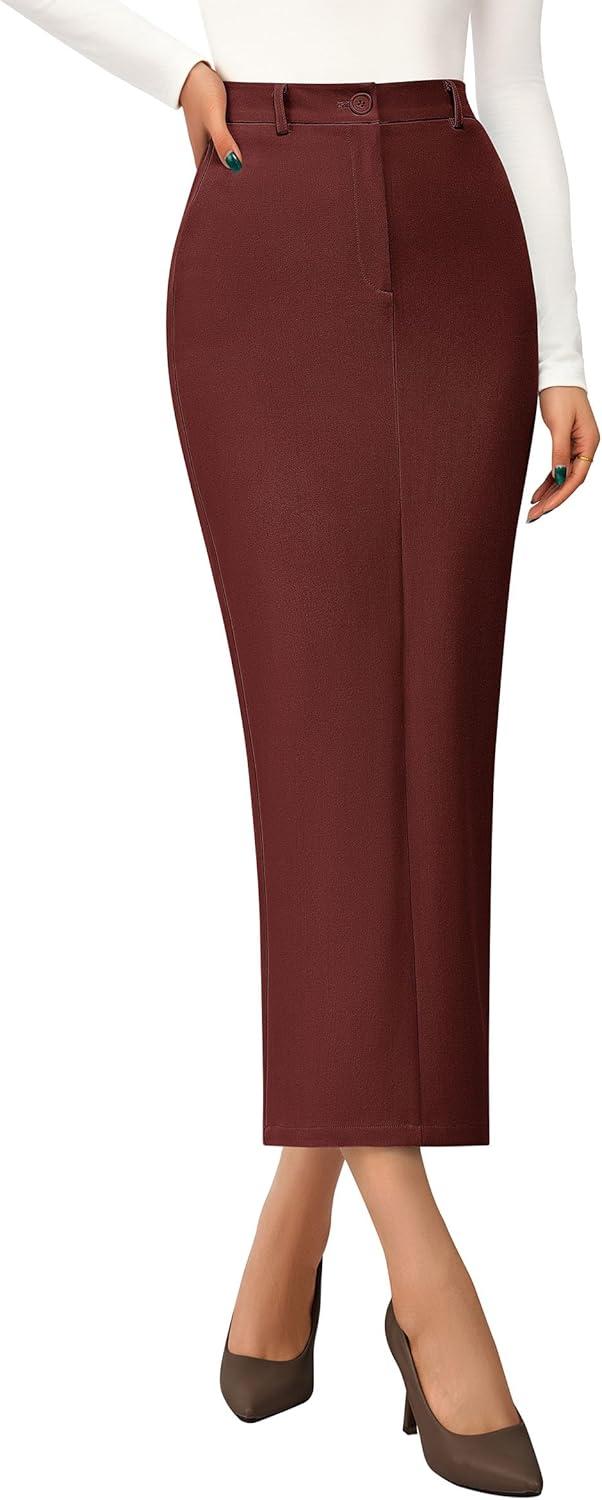 imagePRETTYGARDEN Womens 2026 Fall Maxi Pencil Skirt High Waisted Slit Work Office Trendy Long Skirts Business Casual OutfitsBrick Red