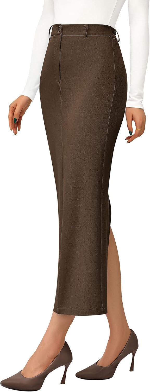 imagePRETTYGARDEN Womens 2026 Fall Maxi Pencil Skirt High Waisted Slit Work Office Trendy Long Skirts Business Casual OutfitsBrown