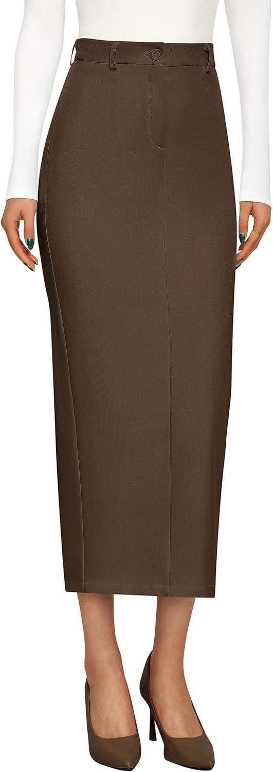 imagePRETTYGARDEN Womens 2026 Fall Maxi Pencil Skirt High Waisted Slit Work Office Trendy Long Skirts Business Casual OutfitsBrown