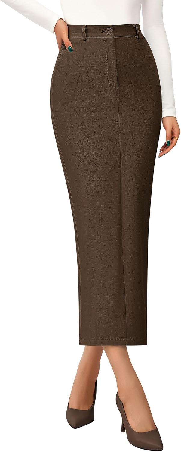 imagePRETTYGARDEN Womens 2026 Fall Maxi Pencil Skirt High Waisted Slit Work Office Trendy Long Skirts Business Casual OutfitsBrown