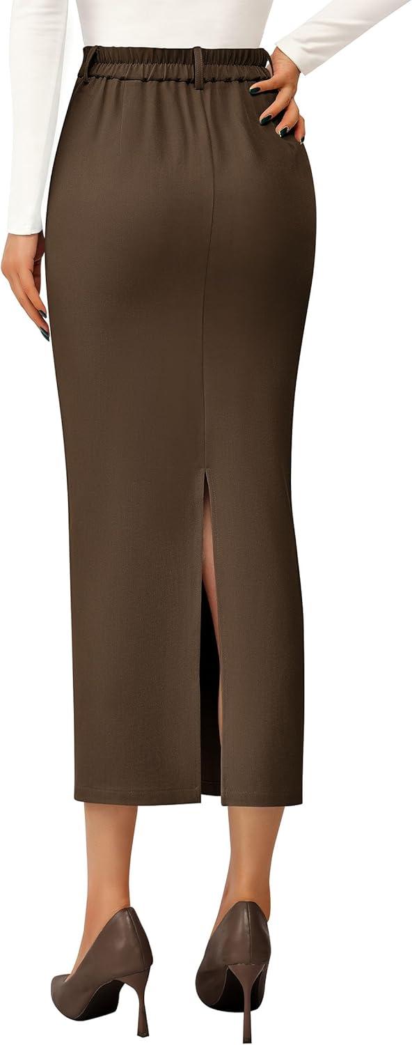 imagePRETTYGARDEN Womens 2026 Fall Maxi Pencil Skirt High Waisted Slit Work Office Trendy Long Skirts Business Casual OutfitsBrown