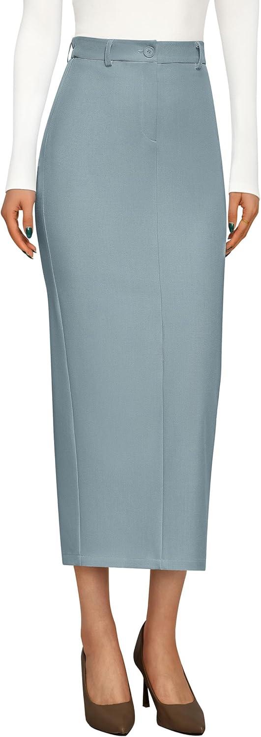 imagePRETTYGARDEN Womens 2026 Fall Maxi Pencil Skirt High Waisted Slit Work Office Trendy Long Skirts Business Casual OutfitsLight Blue