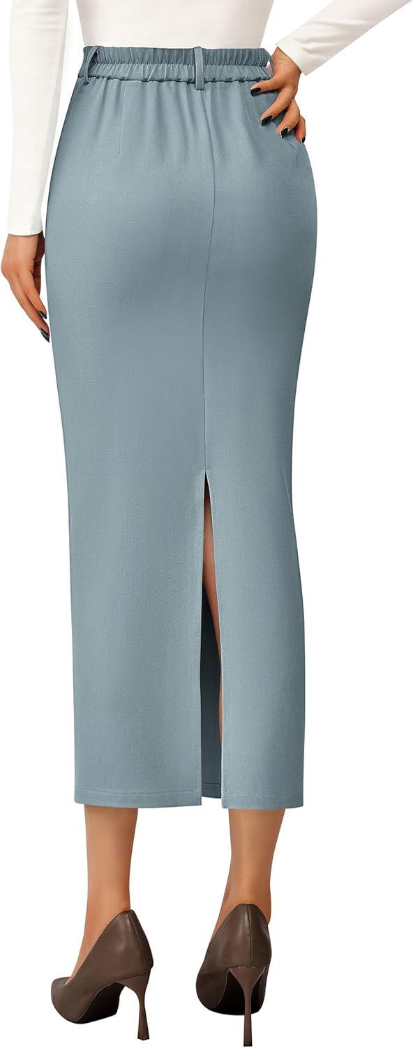imagePRETTYGARDEN Womens 2026 Fall Maxi Pencil Skirt High Waisted Slit Work Office Trendy Long Skirts Business Casual OutfitsLight Blue
