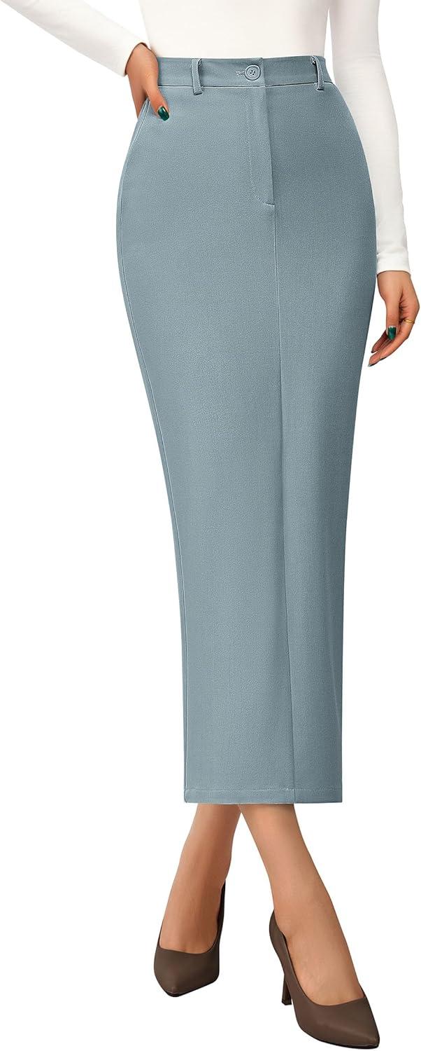 imagePRETTYGARDEN Womens 2026 Fall Maxi Pencil Skirt High Waisted Slit Work Office Trendy Long Skirts Business Casual OutfitsLight Blue