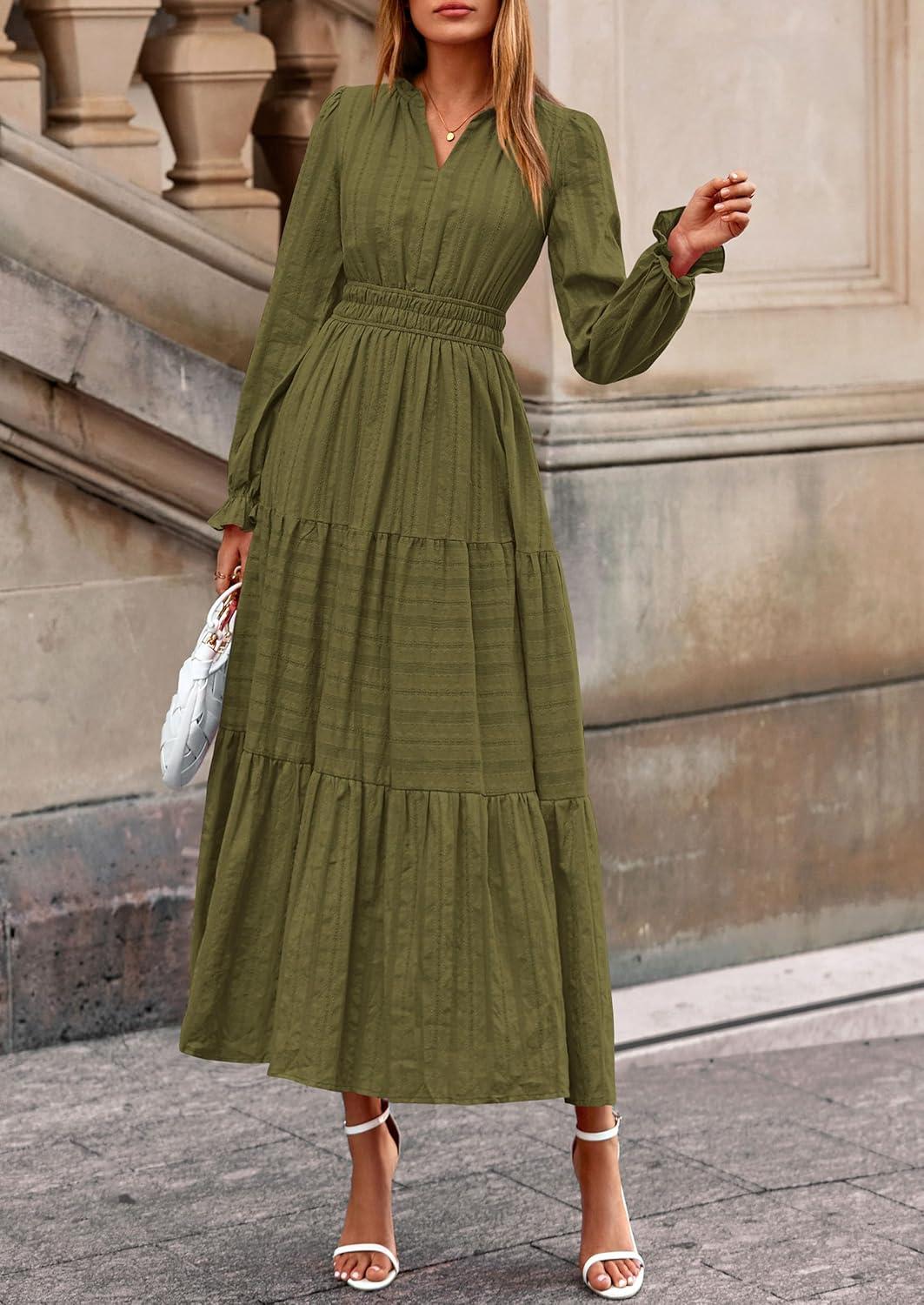 imagePRETTYGARDEN Womens 2026 Fall Wedding Guest Dresses Long Sleeve V Neck Flowy Elegant Holiday Party Maxi Dress with PocketsArmy Green