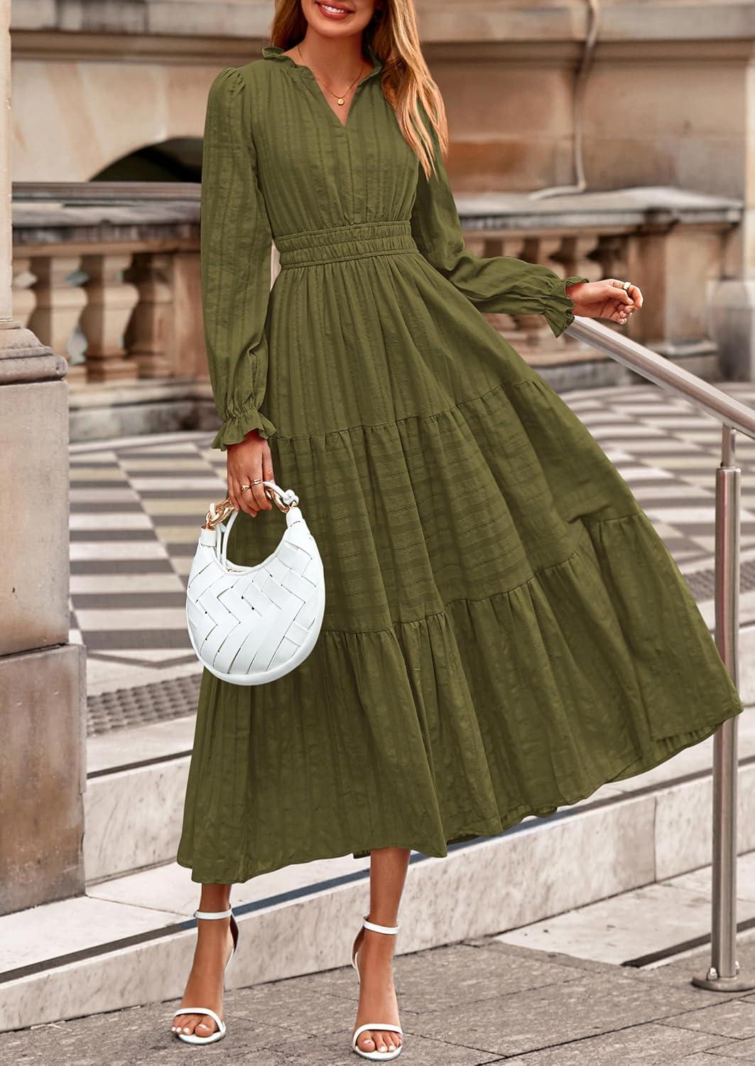 imagePRETTYGARDEN Womens 2026 Fall Wedding Guest Dresses Long Sleeve V Neck Flowy Elegant Holiday Party Maxi Dress with PocketsArmy Green