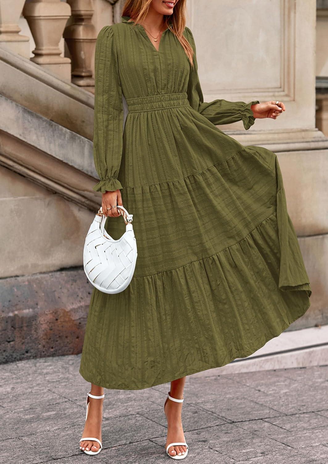 imagePRETTYGARDEN Womens 2026 Fall Wedding Guest Dresses Long Sleeve V Neck Flowy Elegant Holiday Party Maxi Dress with PocketsArmy Green