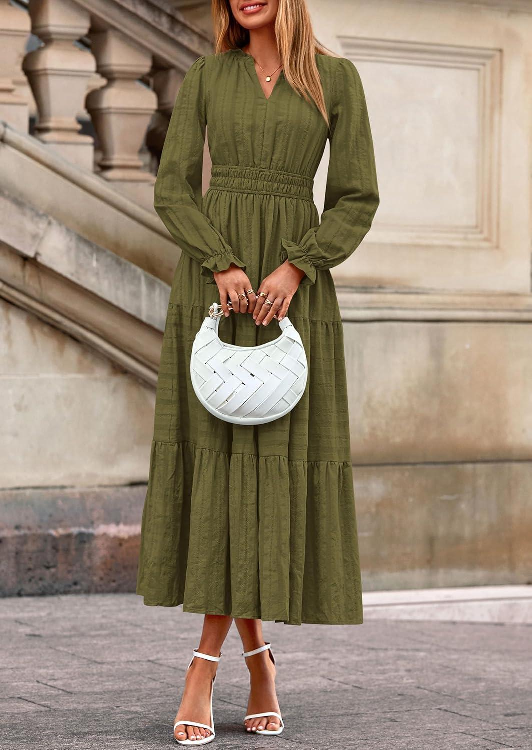 imagePRETTYGARDEN Womens 2026 Fall Wedding Guest Dresses Long Sleeve V Neck Flowy Elegant Holiday Party Maxi Dress with PocketsArmy Green