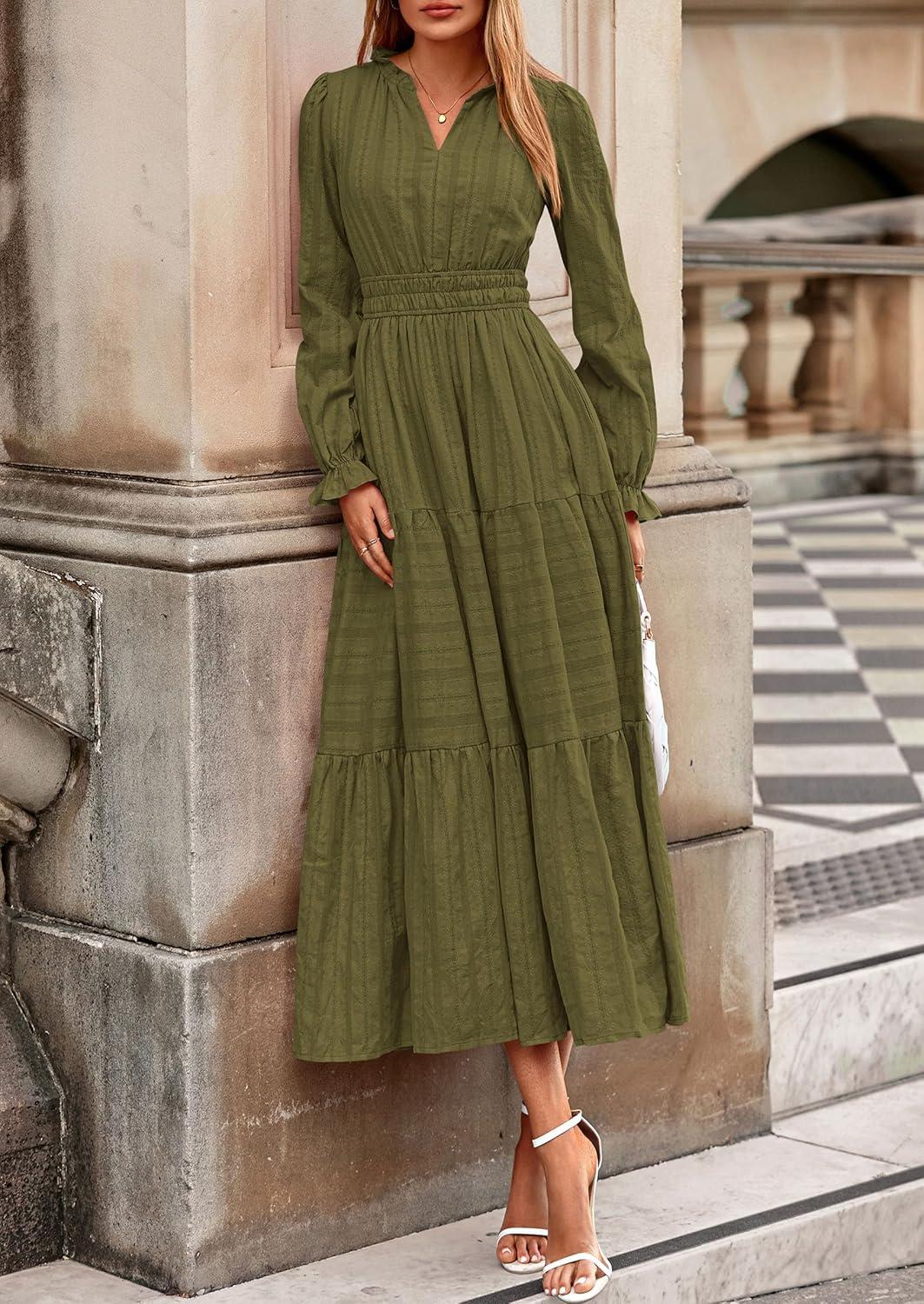 imagePRETTYGARDEN Womens 2026 Fall Wedding Guest Dresses Long Sleeve V Neck Flowy Elegant Holiday Party Maxi Dress with PocketsArmy Green