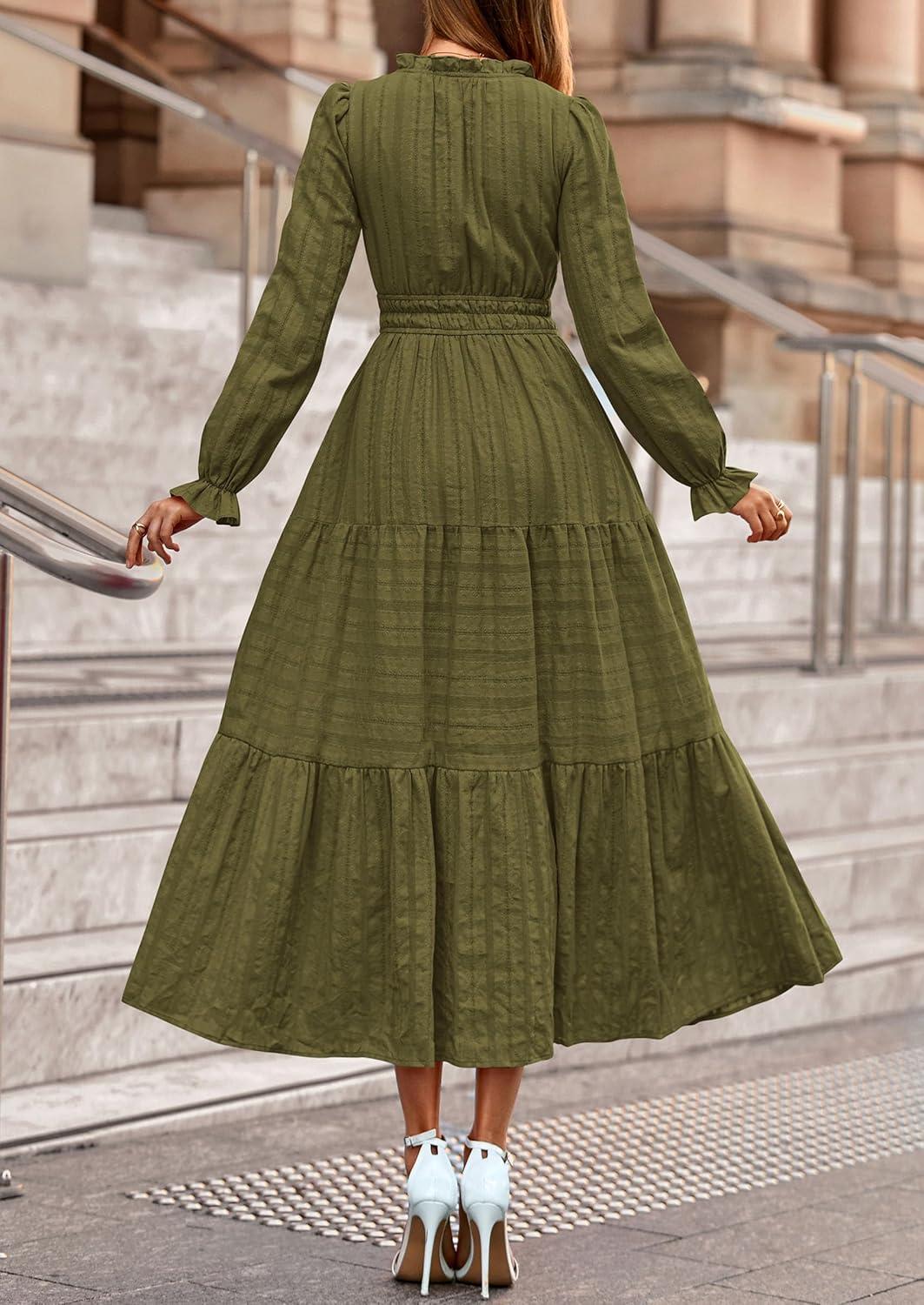 imagePRETTYGARDEN Womens 2026 Fall Wedding Guest Dresses Long Sleeve V Neck Flowy Elegant Holiday Party Maxi Dress with PocketsArmy Green