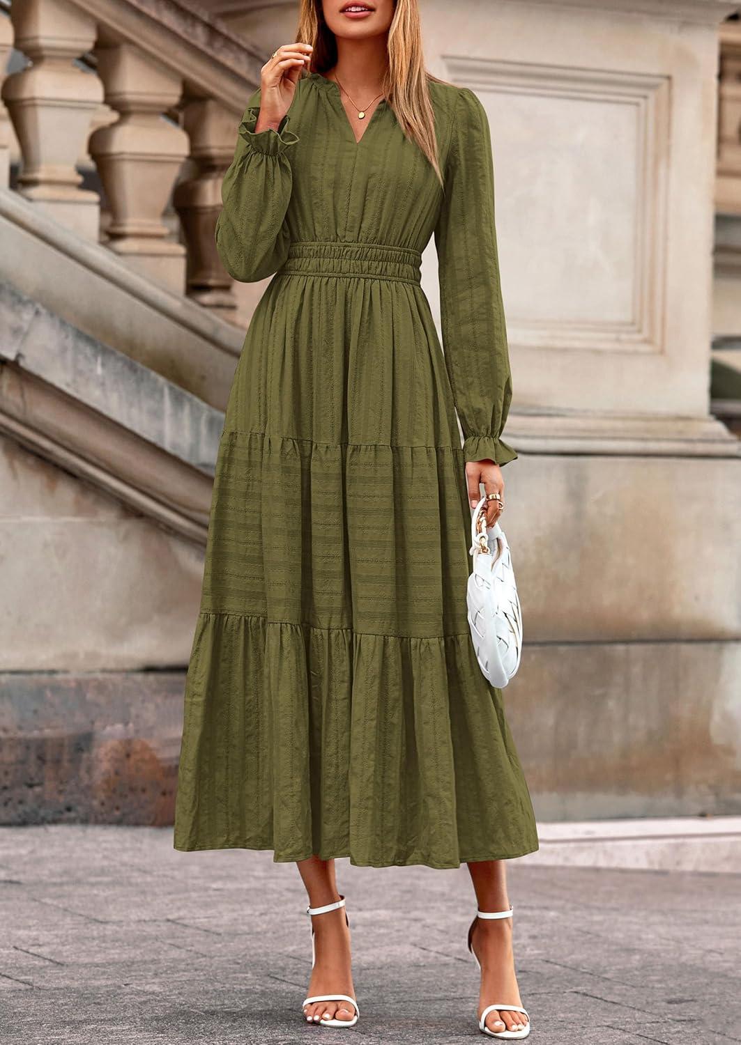 imagePRETTYGARDEN Womens 2026 Fall Wedding Guest Dresses Long Sleeve V Neck Flowy Elegant Holiday Party Maxi Dress with PocketsArmy Green