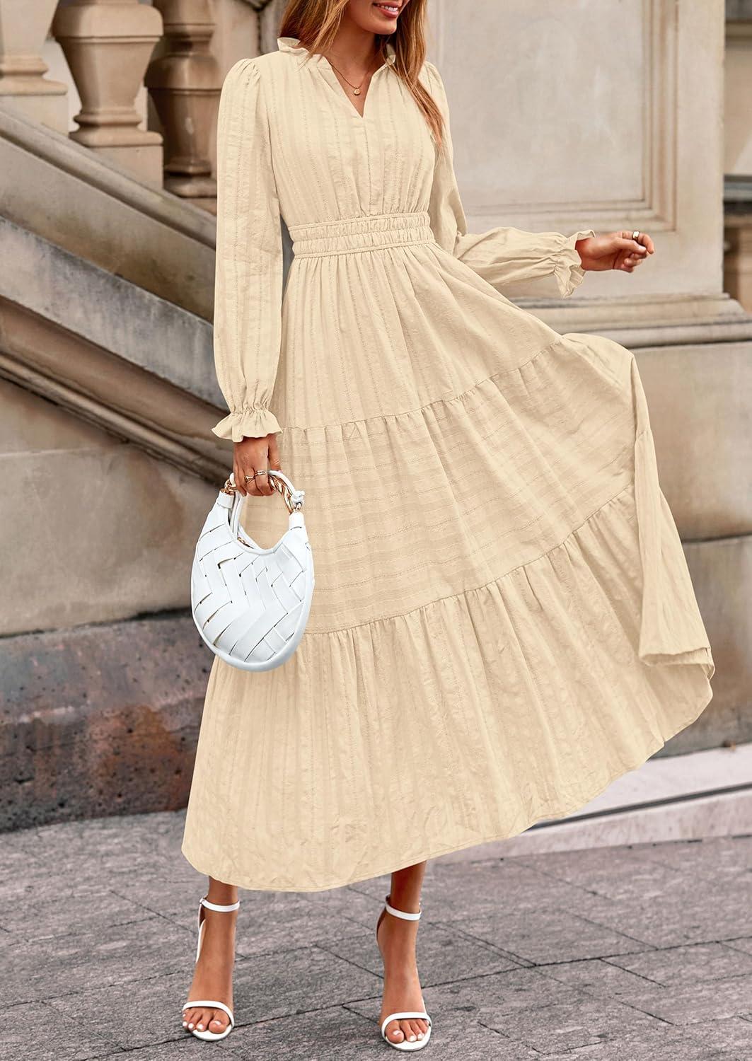 imagePRETTYGARDEN Womens 2026 Fall Wedding Guest Dresses Long Sleeve V Neck Flowy Elegant Holiday Party Maxi Dress with PocketsBeige
