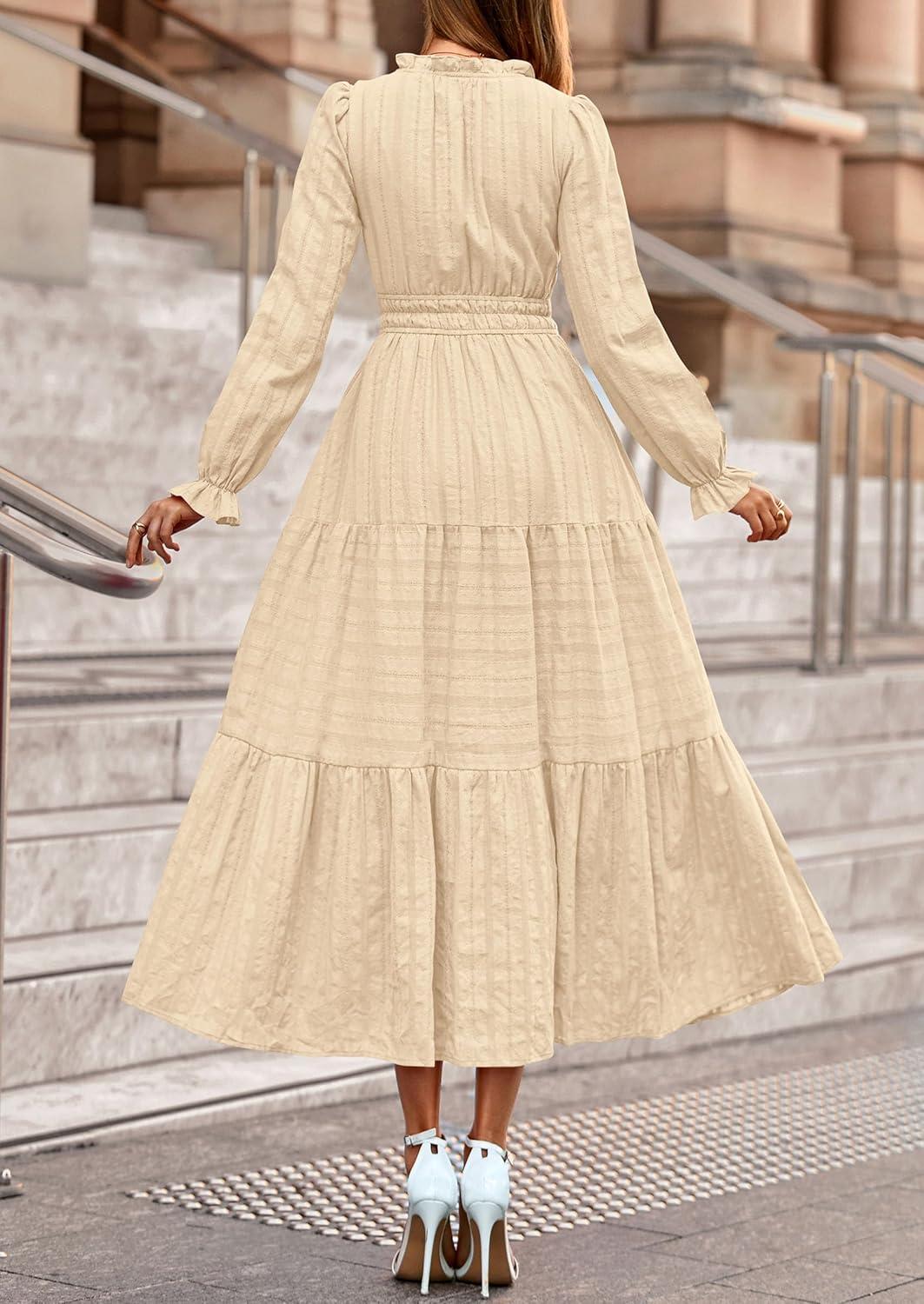 imagePRETTYGARDEN Womens 2026 Fall Wedding Guest Dresses Long Sleeve V Neck Flowy Elegant Holiday Party Maxi Dress with PocketsBeige