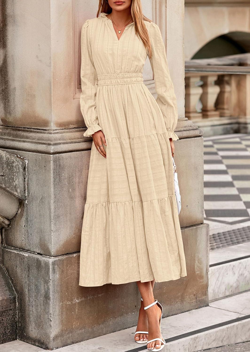 imagePRETTYGARDEN Womens 2026 Fall Wedding Guest Dresses Long Sleeve V Neck Flowy Elegant Holiday Party Maxi Dress with PocketsBeige