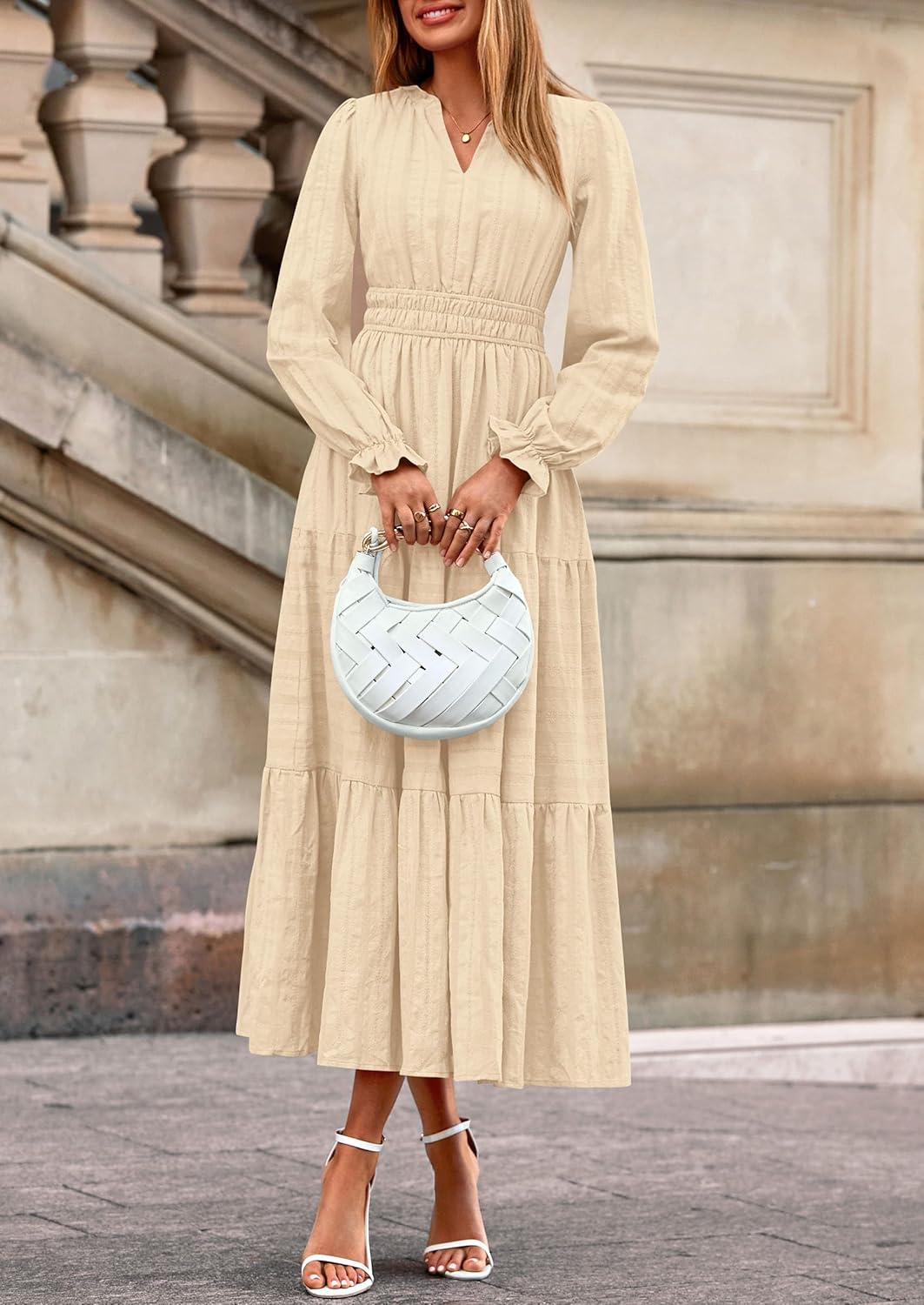 imagePRETTYGARDEN Womens 2026 Fall Wedding Guest Dresses Long Sleeve V Neck Flowy Elegant Holiday Party Maxi Dress with PocketsBeige
