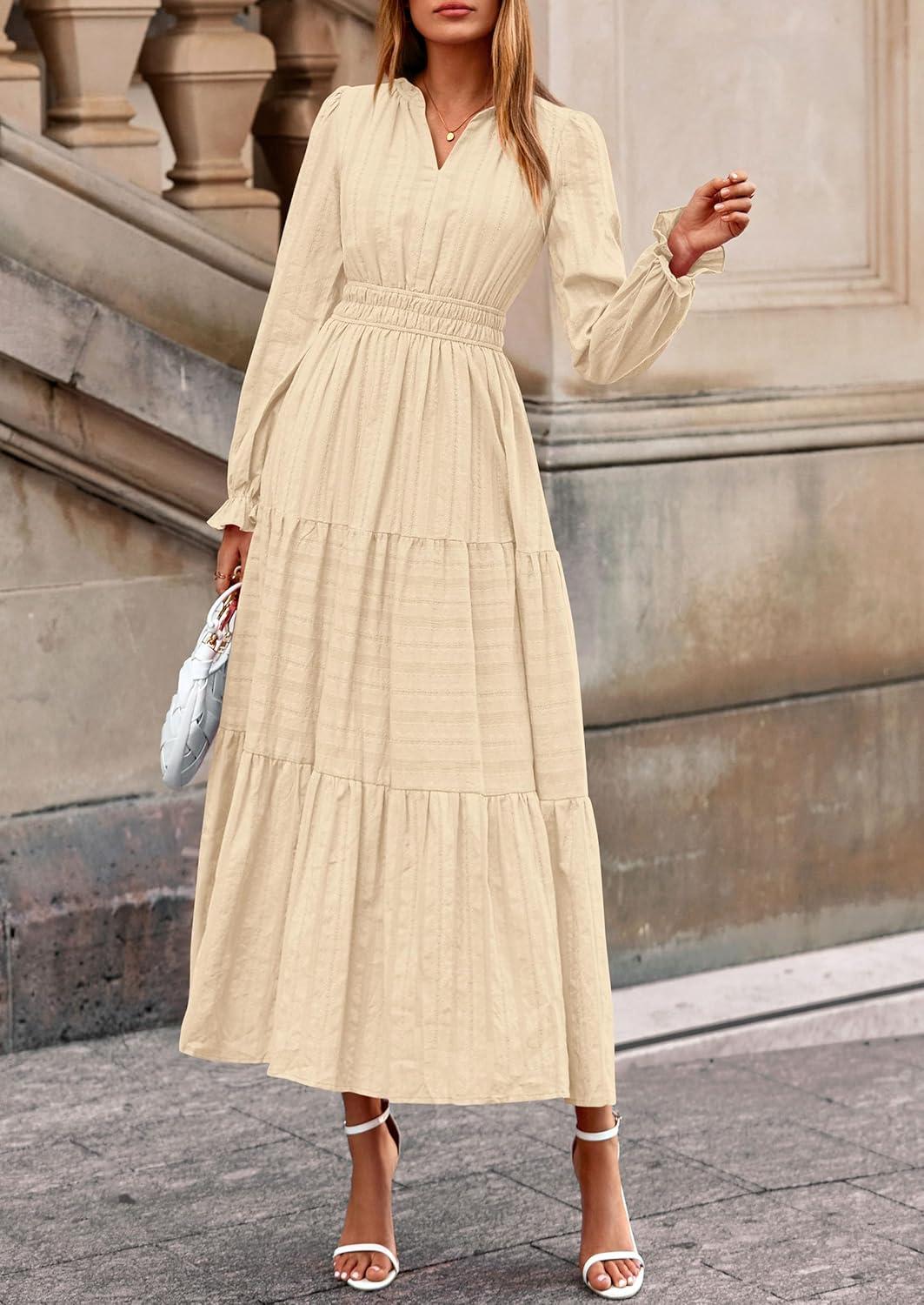imagePRETTYGARDEN Womens 2026 Fall Wedding Guest Dresses Long Sleeve V Neck Flowy Elegant Holiday Party Maxi Dress with PocketsBeige