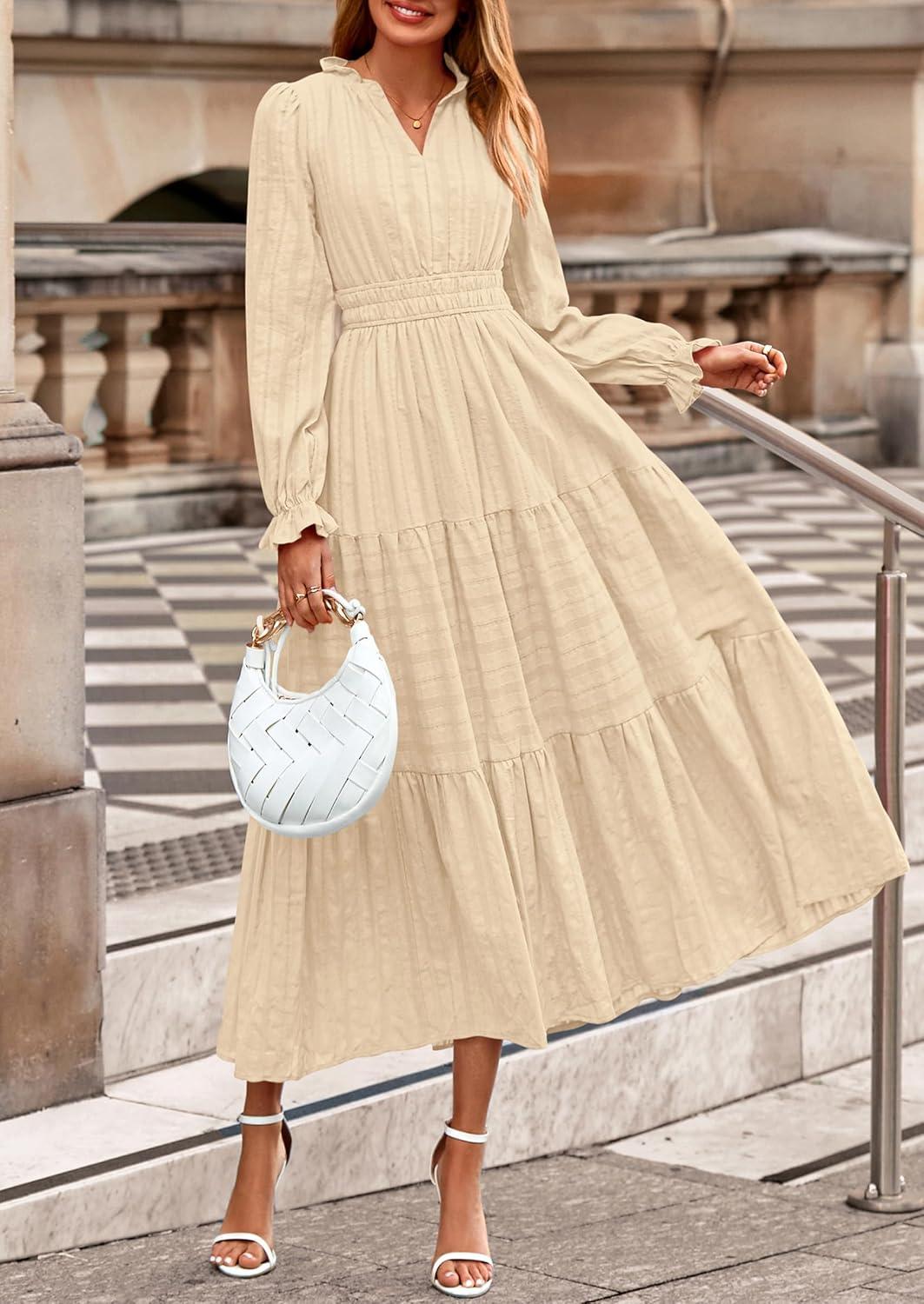 imagePRETTYGARDEN Womens 2026 Fall Wedding Guest Dresses Long Sleeve V Neck Flowy Elegant Holiday Party Maxi Dress with PocketsBeige