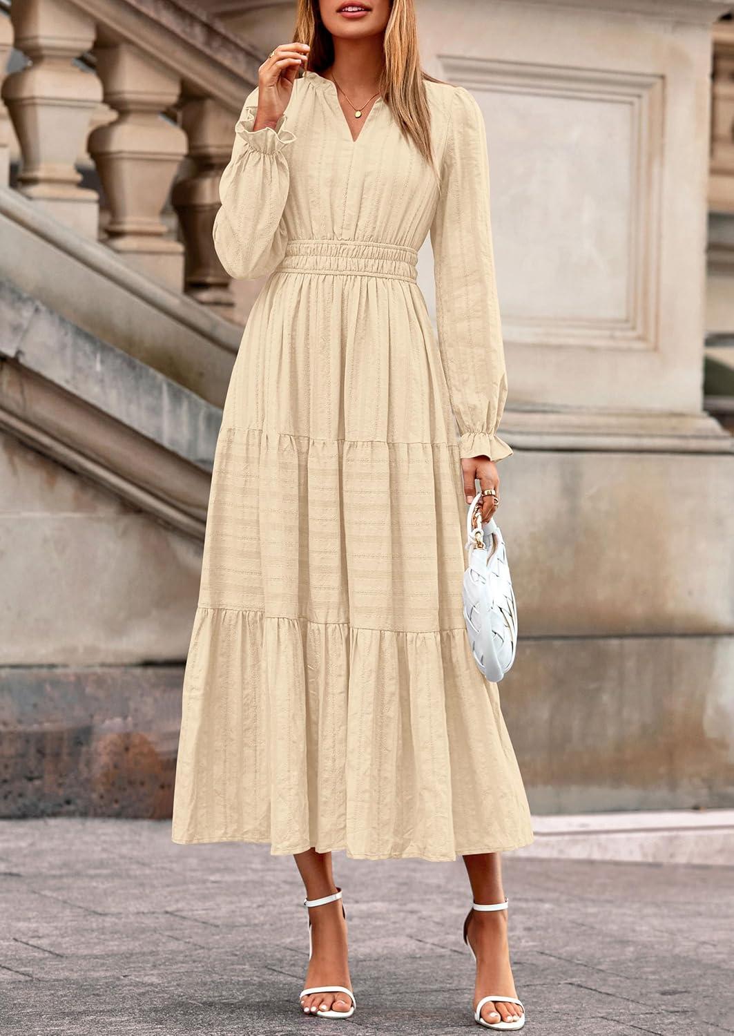 imagePRETTYGARDEN Womens 2026 Fall Wedding Guest Dresses Long Sleeve V Neck Flowy Elegant Holiday Party Maxi Dress with PocketsBeige