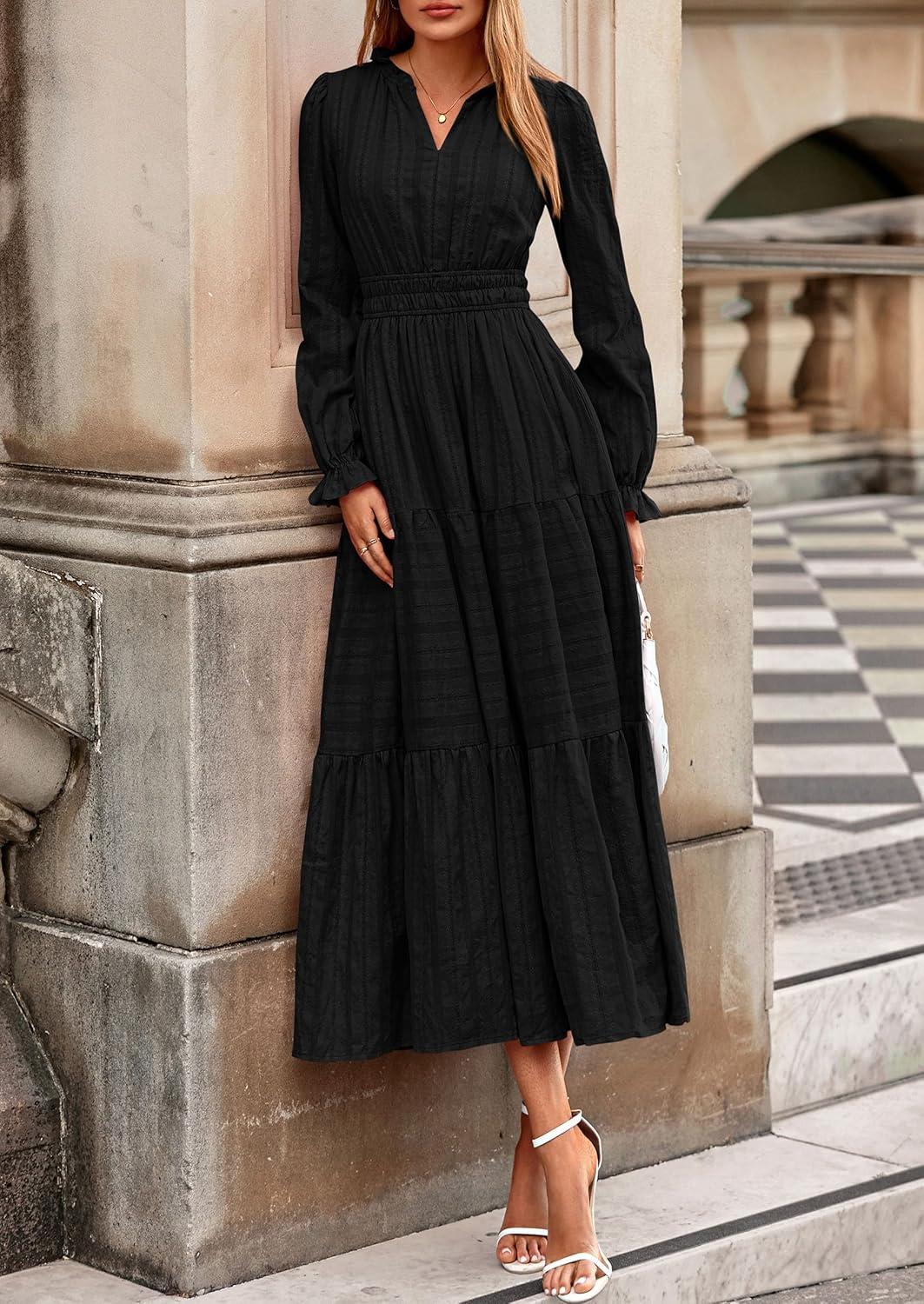 imagePRETTYGARDEN Womens 2026 Fall Wedding Guest Dresses Long Sleeve V Neck Flowy Elegant Holiday Party Maxi Dress with PocketsBlack