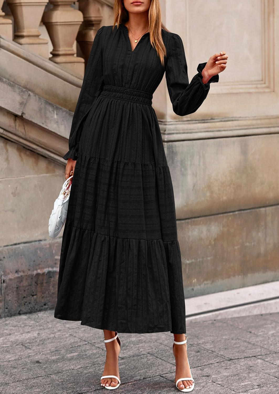 imagePRETTYGARDEN Womens 2026 Fall Wedding Guest Dresses Long Sleeve V Neck Flowy Elegant Holiday Party Maxi Dress with PocketsBlack