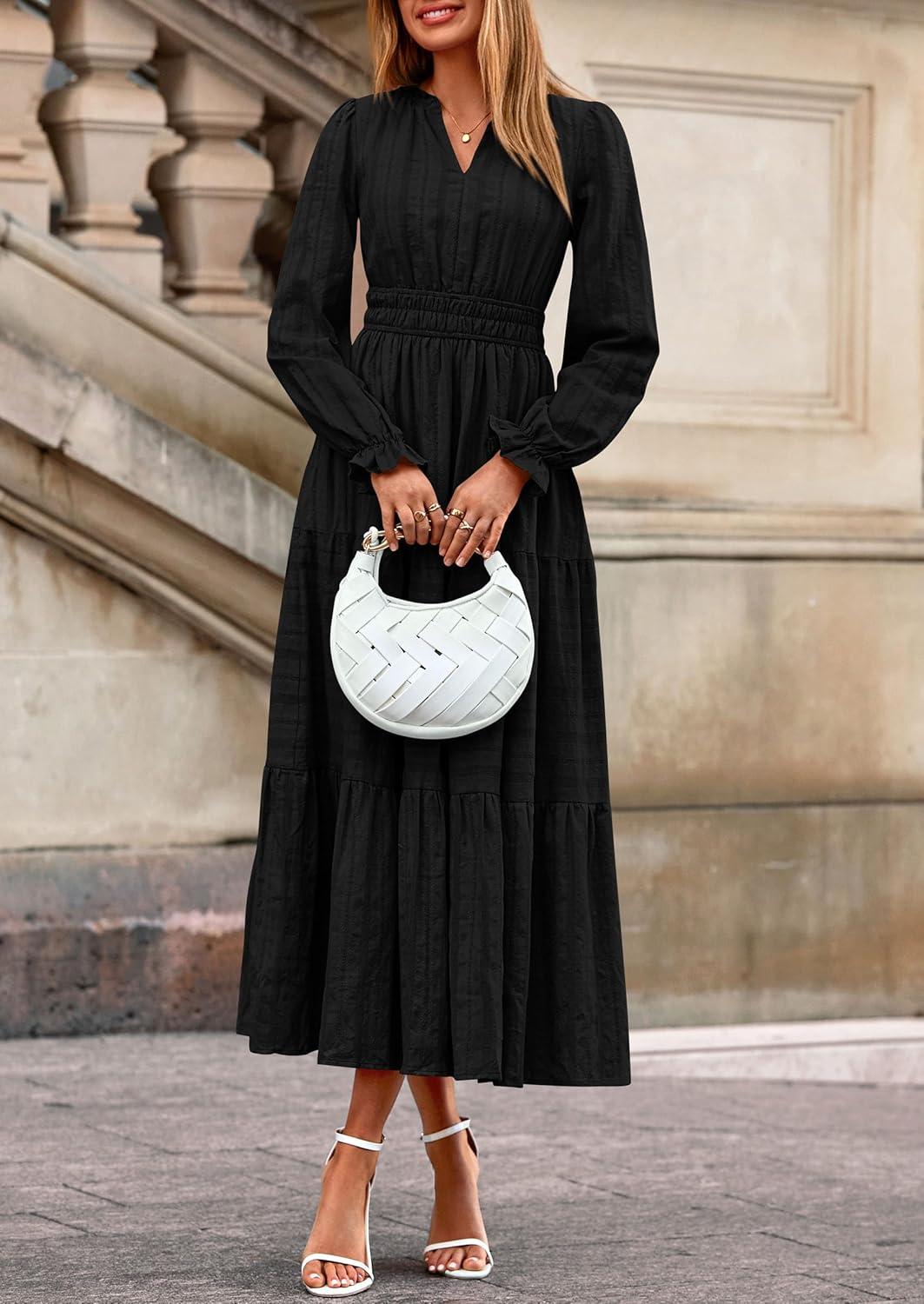 imagePRETTYGARDEN Womens 2026 Fall Wedding Guest Dresses Long Sleeve V Neck Flowy Elegant Holiday Party Maxi Dress with PocketsBlack