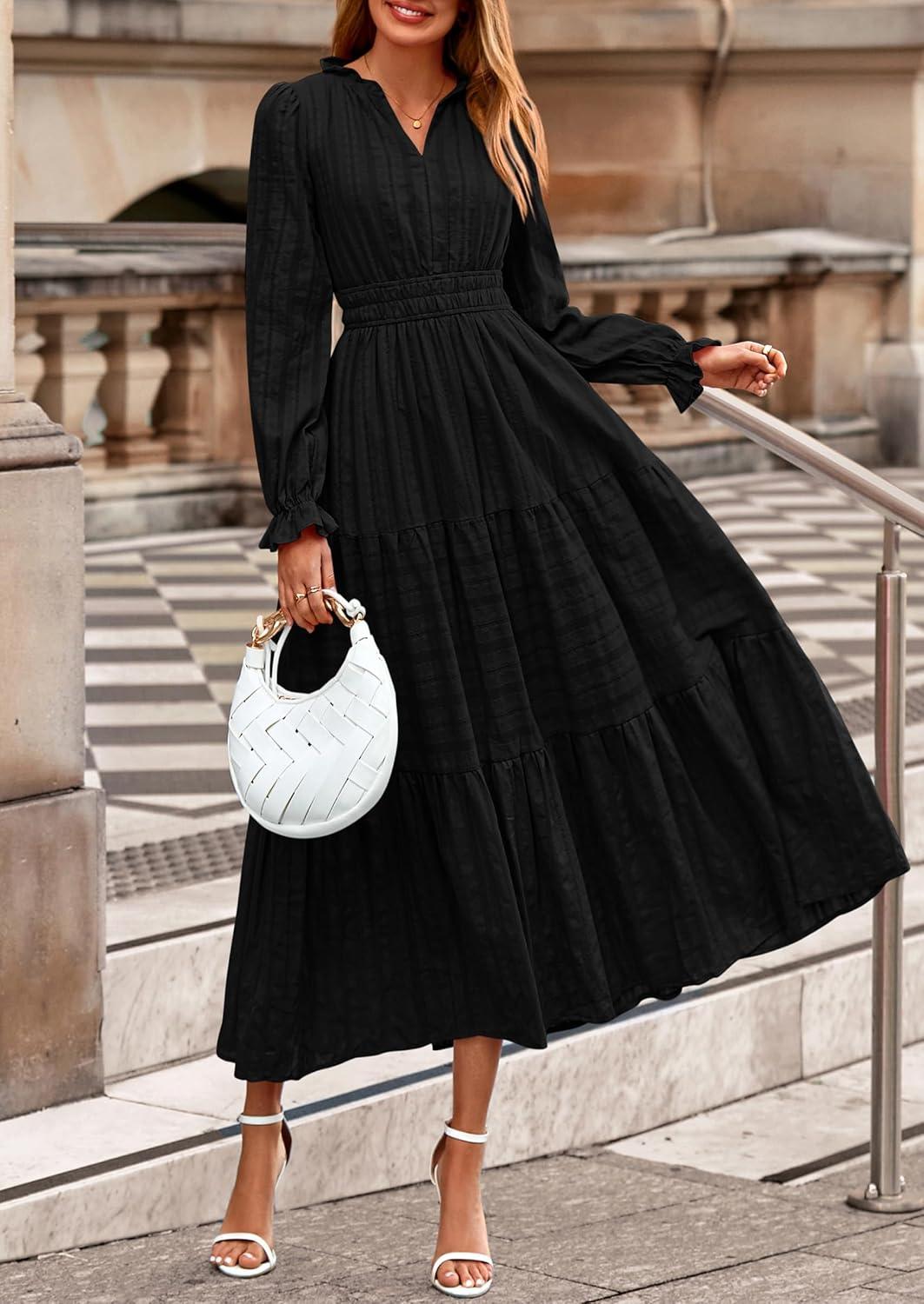 imagePRETTYGARDEN Womens 2026 Fall Wedding Guest Dresses Long Sleeve V Neck Flowy Elegant Holiday Party Maxi Dress with PocketsBlack