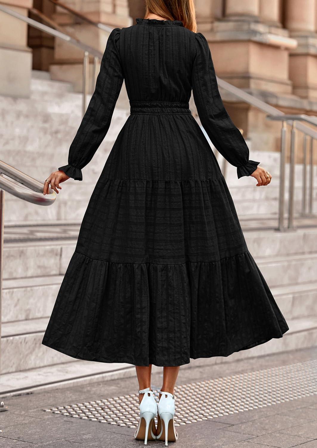 imagePRETTYGARDEN Womens 2026 Fall Wedding Guest Dresses Long Sleeve V Neck Flowy Elegant Holiday Party Maxi Dress with PocketsBlack