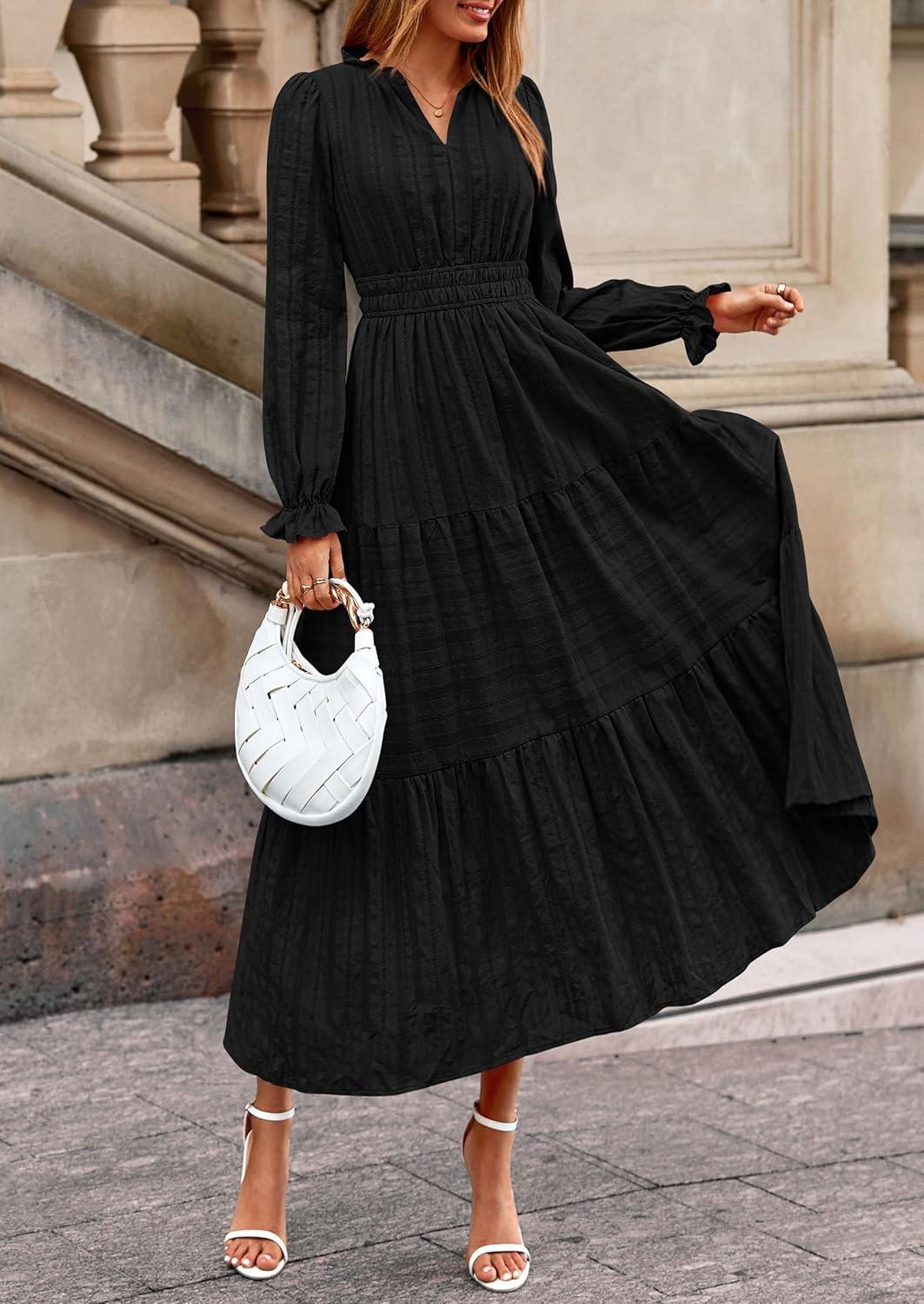 imagePRETTYGARDEN Womens 2026 Fall Wedding Guest Dresses Long Sleeve V Neck Flowy Elegant Holiday Party Maxi Dress with PocketsBlack