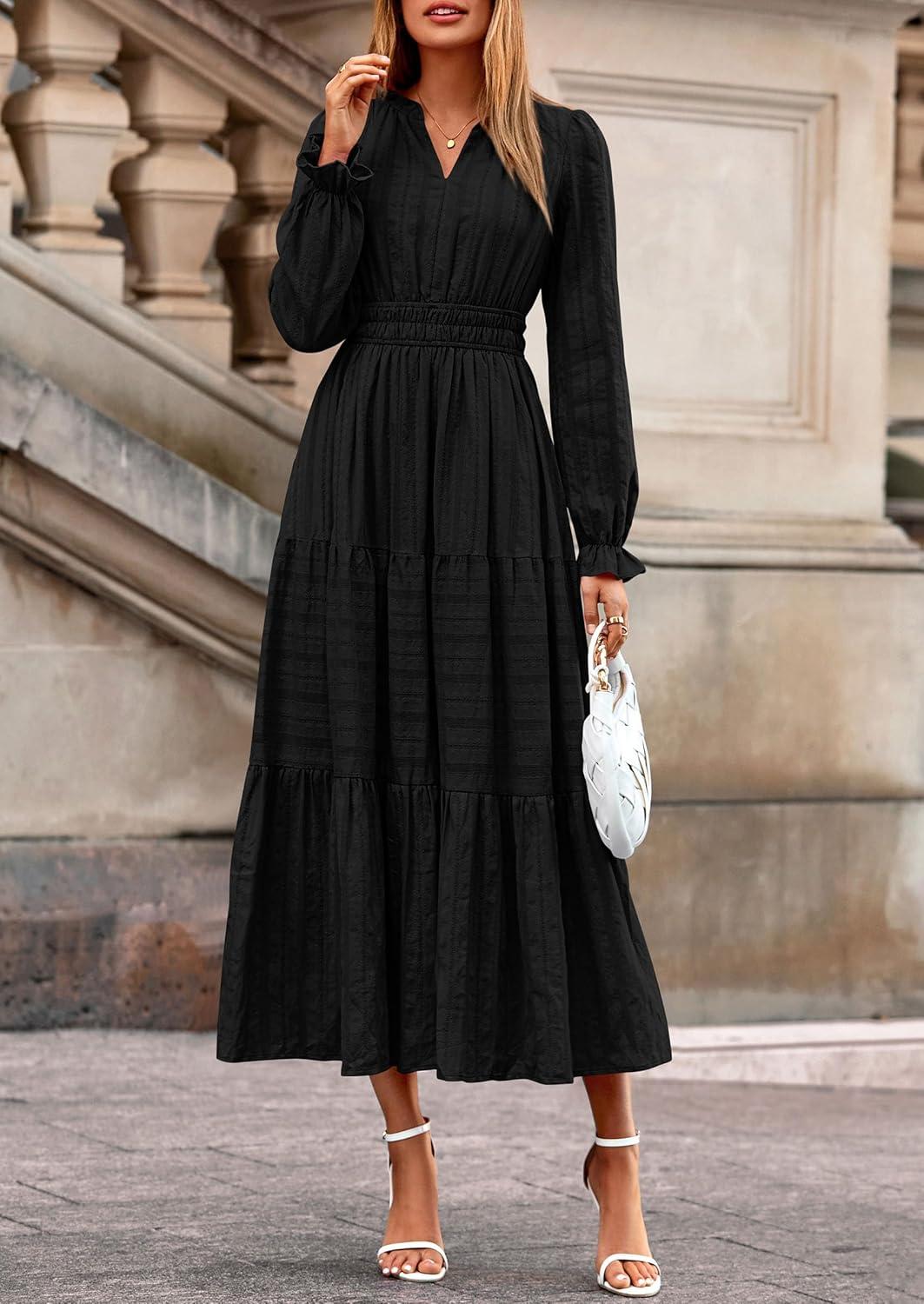 imagePRETTYGARDEN Womens 2026 Fall Wedding Guest Dresses Long Sleeve V Neck Flowy Elegant Holiday Party Maxi Dress with PocketsBlack