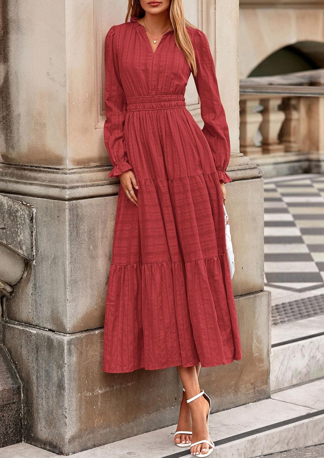 imagePRETTYGARDEN Womens 2026 Fall Wedding Guest Dresses Long Sleeve V Neck Flowy Elegant Holiday Party Maxi Dress with PocketsBrick Red