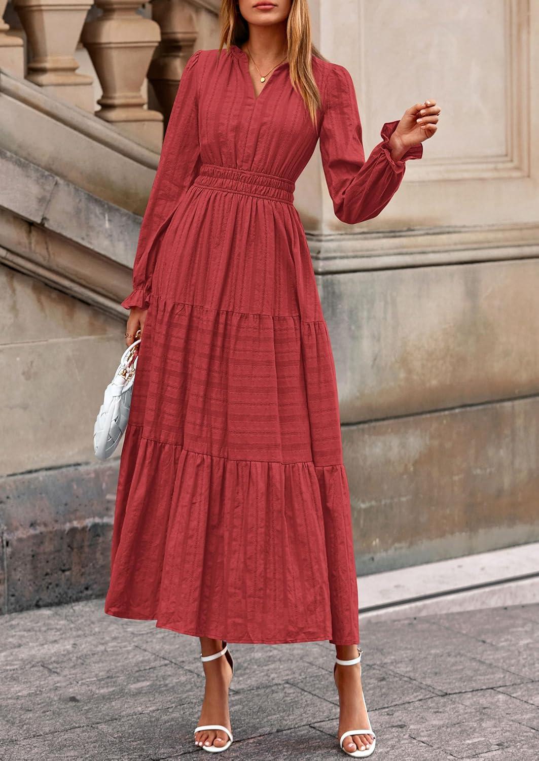 imagePRETTYGARDEN Womens 2026 Fall Wedding Guest Dresses Long Sleeve V Neck Flowy Elegant Holiday Party Maxi Dress with PocketsBrick Red