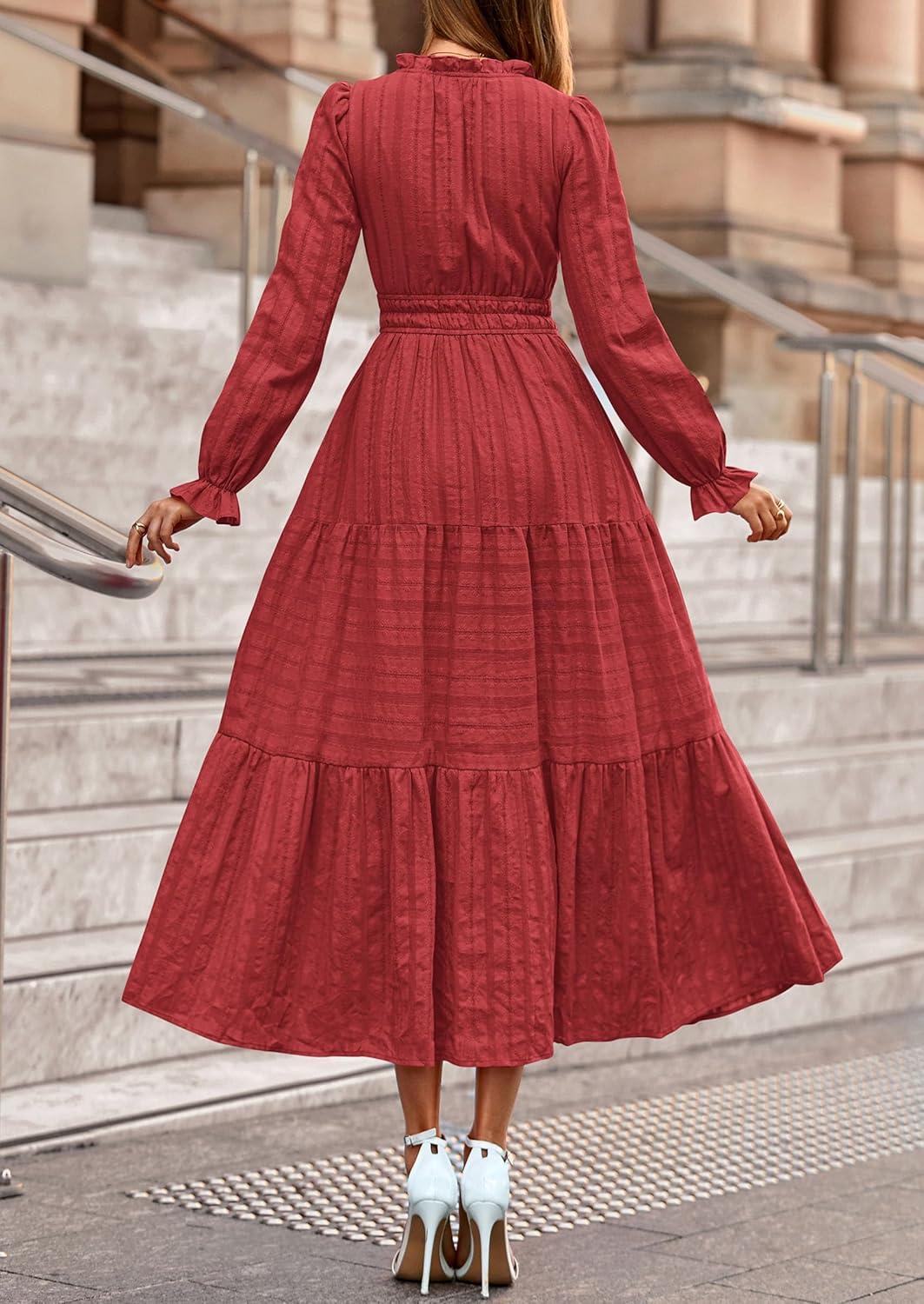 imagePRETTYGARDEN Womens 2026 Fall Wedding Guest Dresses Long Sleeve V Neck Flowy Elegant Holiday Party Maxi Dress with PocketsBrick Red
