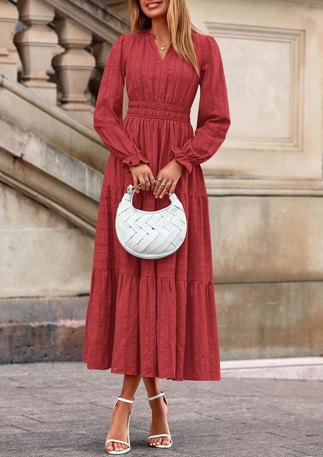 imagePRETTYGARDEN Womens 2026 Fall Wedding Guest Dresses Long Sleeve V Neck Flowy Elegant Holiday Party Maxi Dress with PocketsBrick Red
