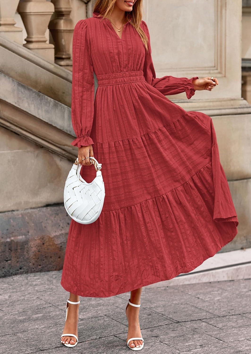 imagePRETTYGARDEN Womens 2026 Fall Wedding Guest Dresses Long Sleeve V Neck Flowy Elegant Holiday Party Maxi Dress with PocketsBrick Red