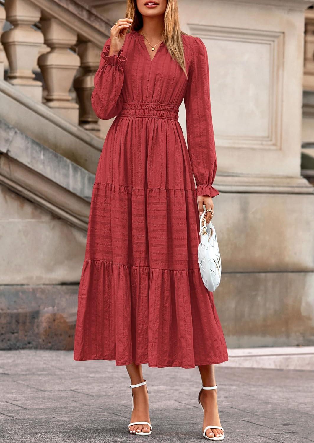 imagePRETTYGARDEN Womens 2026 Fall Wedding Guest Dresses Long Sleeve V Neck Flowy Elegant Holiday Party Maxi Dress with PocketsBrick Red
