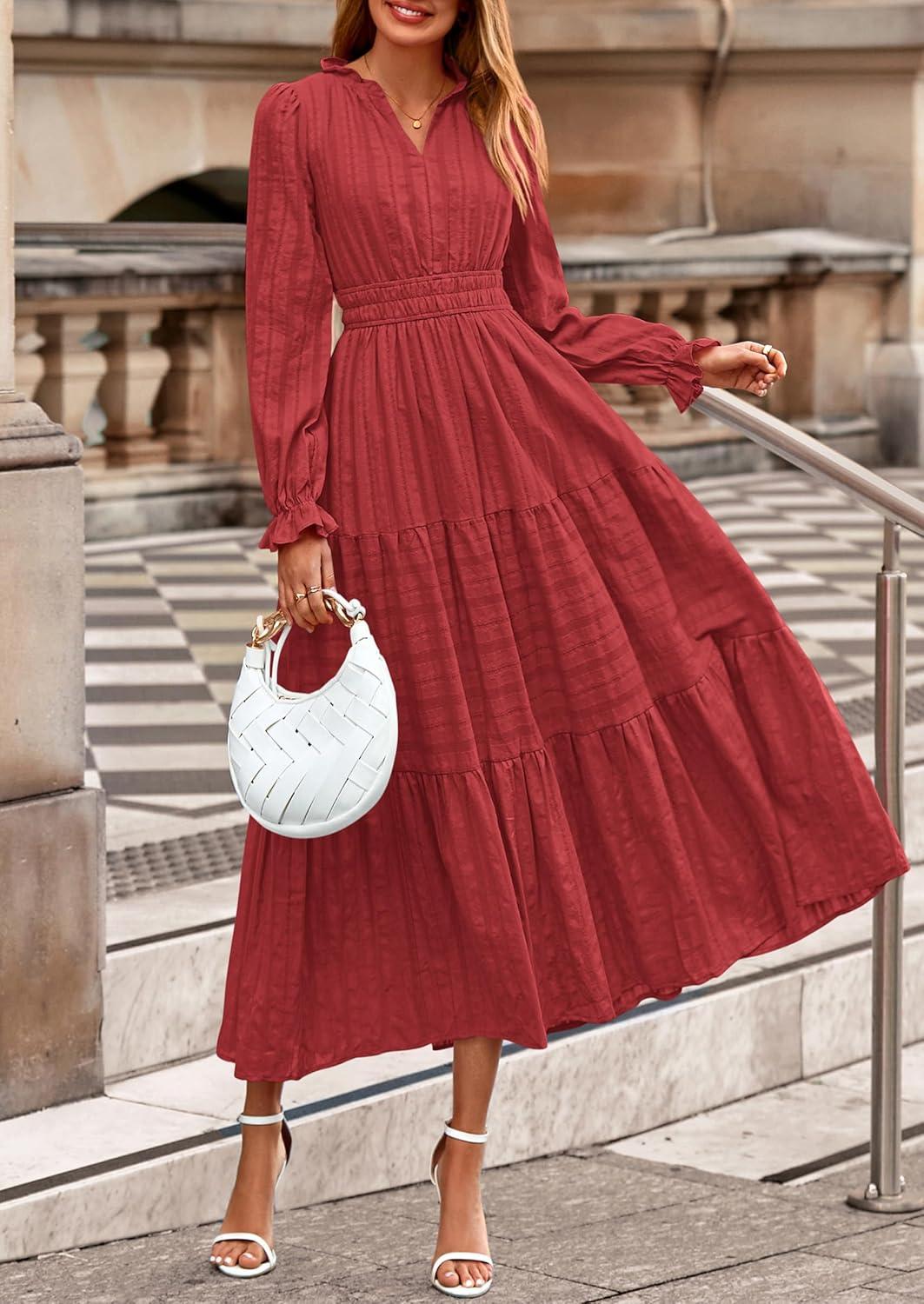 imagePRETTYGARDEN Womens 2026 Fall Wedding Guest Dresses Long Sleeve V Neck Flowy Elegant Holiday Party Maxi Dress with PocketsBrick Red