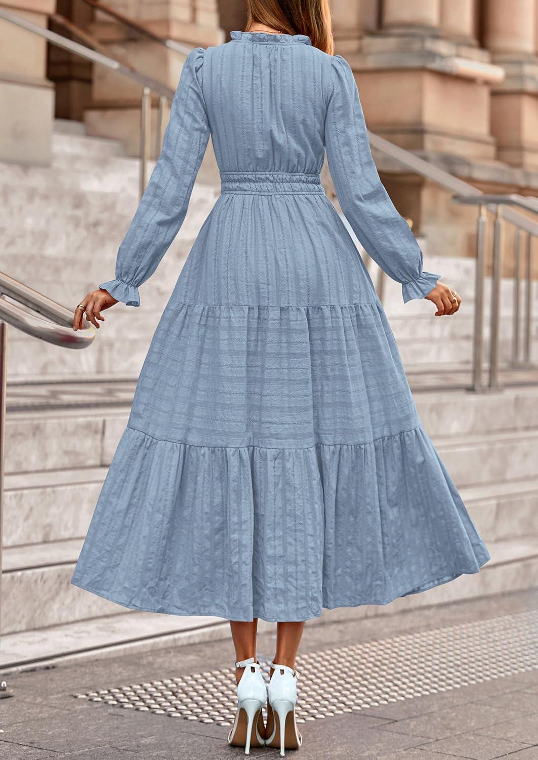 imagePRETTYGARDEN Womens 2026 Fall Wedding Guest Dresses Long Sleeve V Neck Flowy Elegant Holiday Party Maxi Dress with PocketsLight Blue